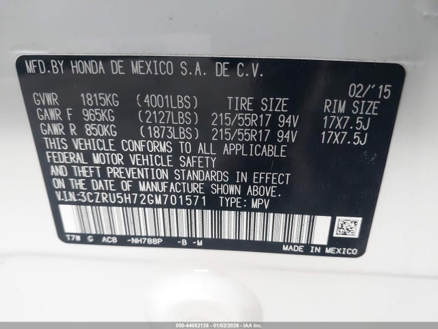 Honda Hr-v Ex-l 2016 3CZRU5H72GM701571 Image 9