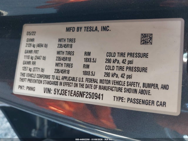 2022 TESLA MODEL 3 5YJ3E1EA6NF250941 Photo 8