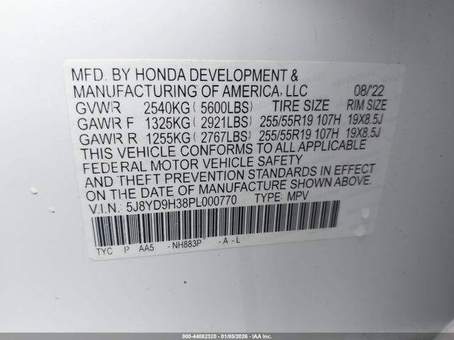 5J8YD9H38PL000770 Acura Mdx Standard