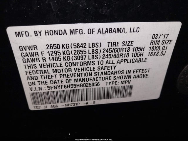 5FNYF6H55HB025056 Honda Pilot Ex-l