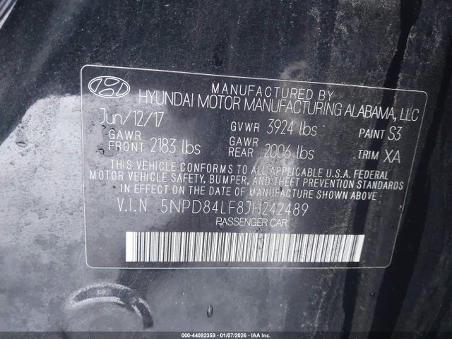 5NPD84LF8JH242489 Hyundai ELANTRA SEL