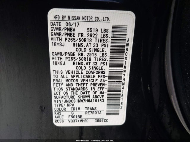 Aukcja sprzedaży 2017 Infiniti Qx70, vin: JN8CS1MW7HM416163, numer aukcji: 44082377
