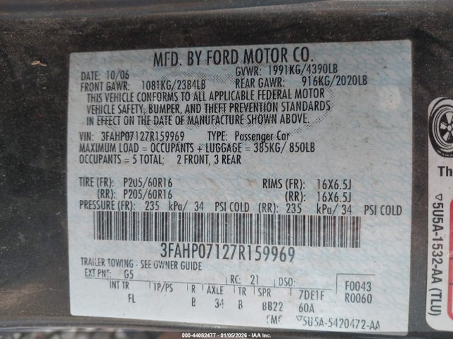 44082477 :رقم المزاد ، 3FAHP07127R159969 vin ، 2007 Ford Fusion Se مزاد بيع