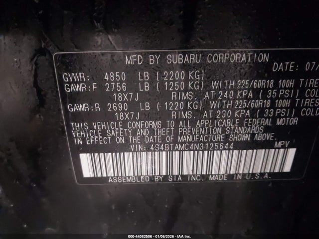 44082506 :رقم المزاد ، 4S4BTAMC4N3125644 vin ، 2022 Subaru Outback Limited مزاد بيع