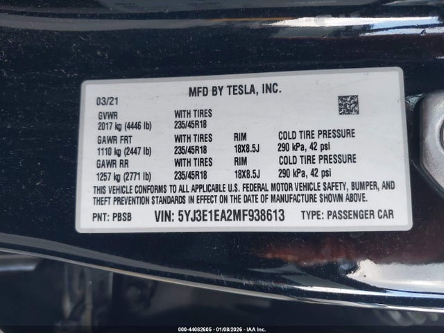 2021 TESLA MODEL 3 5YJ3E1EA2MF938613 Photo 8