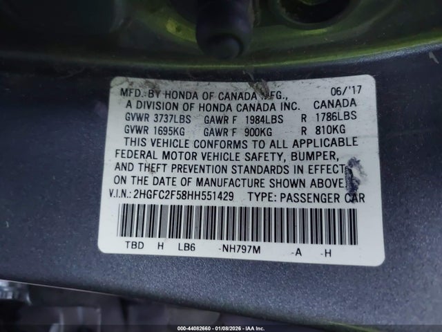 44082660 :رقم المزاد ، 2HGFC2F58HH551429 vin ، 2017 Honda Civic Lx مزاد بيع