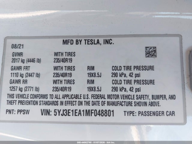 2021 TESLA MODEL 3 5YJ3E1EA1MF048801 Photo 8