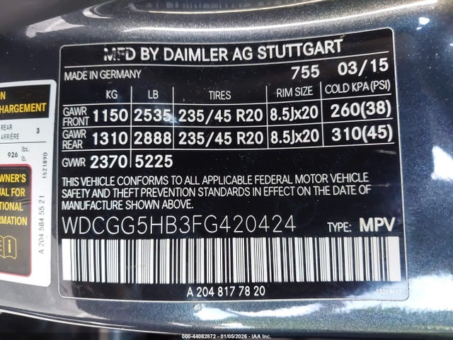 WDCGG5HB3FG420424 Mercedes-Benz GLK 350