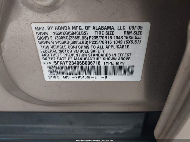 2006 HONDA PILOT 5FNYF28406B006718 Photo 8