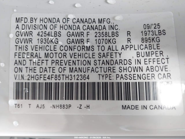 Продажа на аукционе авто 2026 Honda Civic Hybrid Sport/sport Touring, vin: 2HGFE4F85TH312364, номер лота: 44082962