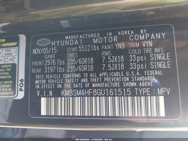 KM8SM4HF8GU161515 Hyundai Santa Fe Se