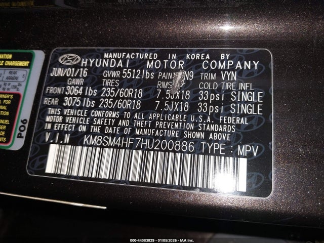 KM8SM4HF7HU200886 Hyundai Santa Fe Se