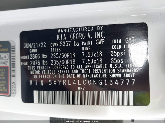 5XYRL4LC0NG134777 KIA SORENTO S