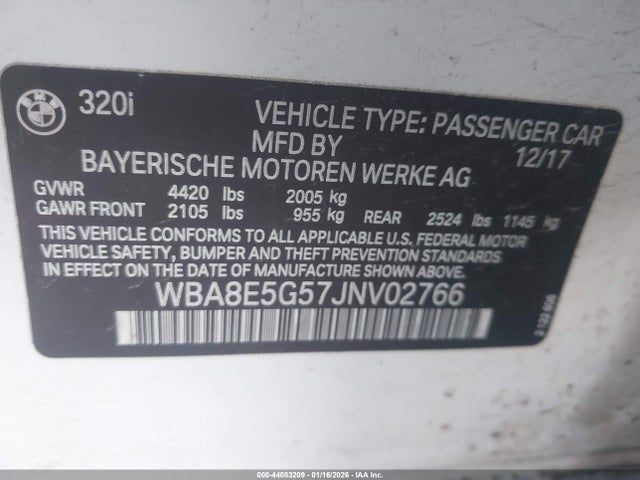 44083209 :رقم المزاد ، WBA8E5G57JNV02766 vin ، 2018 Bmw 320 مزاد بيع