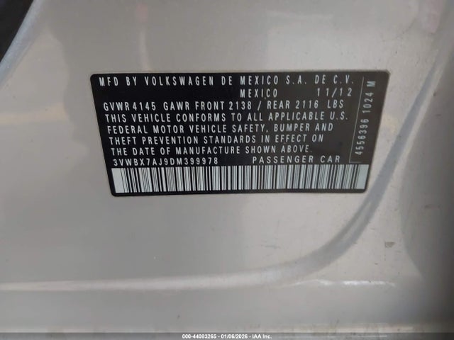 Продаж на аукціоні авто 2013 Volkswagen Jetta 2.5l Se, vin: 3VWBX7AJ9DM399978, номер лоту: 44083265