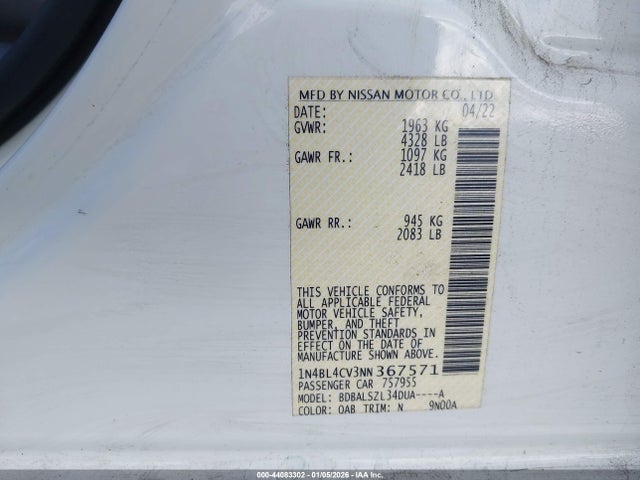 1N4BL4CV3NN367571 Nissan Altima Sr Fwd