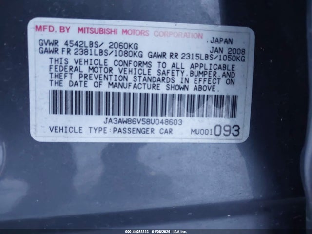 2008 MITSUBISHI LANCER EVOLUTION JA3AW86V58U048603 Photo 8