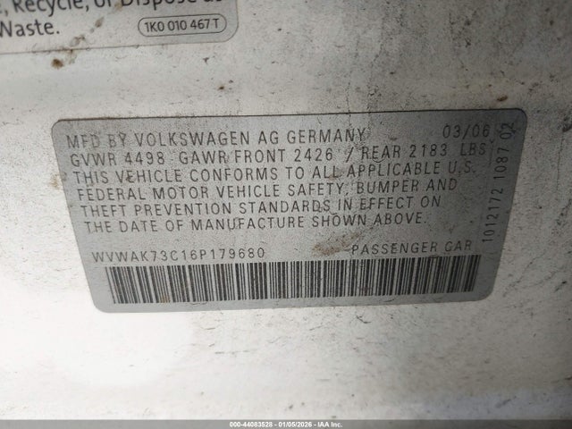 44083528 :رقم المزاد ، WVWAK73C16P179680 vin ، 2006 Volkswagen Passat 2.0t مزاد بيع