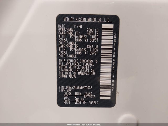JN8AY2DA8M9370033 Nissan Armada Platinum 2wd
