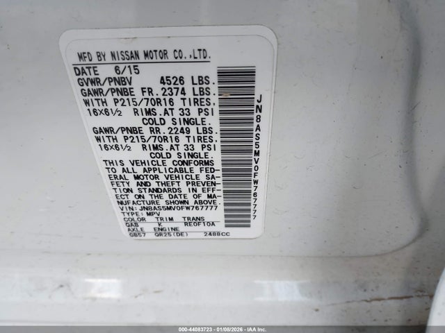 JN8AS5MV0FW767777 Nissan Rogue Select S