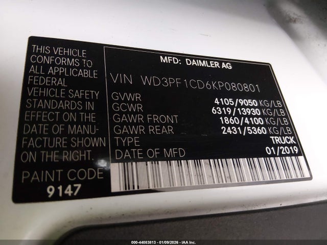Продаж на аукціоні авто 2019 Mercedes-benz Sprinter 2500 High Roof V6, vin: WD3PF1CD6KP080801, номер лоту: 44083813