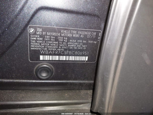 44084067 :رقم المزاد ، WBAFR7C57BC806951 vin ، 2011 Bmw 535i مزاد بيع