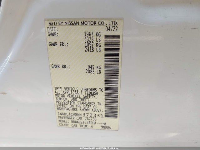 1N4BL4CV8NN372331 Nissan Altima Sr Fwd