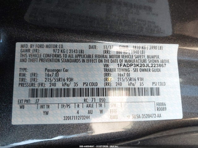 1FADP3K20JL223867 Ford FOCUS SE