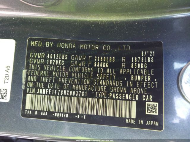 2022 HONDA CIVIC JHMFE1F78NX003781 Photo 8