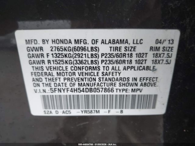 2013 HONDA PILOT 5FNYF4H54DB057866 Photo 8