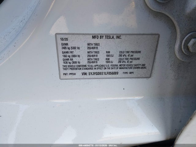 44084778 :رقم المزاد ، 5YJYGDEE1LF056089 vin ، 2020 Tesla Model Y Long Range Dual Motor All-wheel Drive مزاد بيع