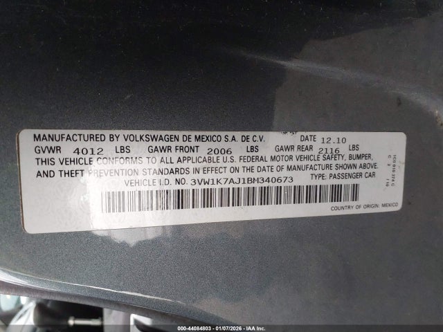 2011 Volkswagen Jetta 2.0l S მანქანა იყიდება აუქციონზე, vin: 3VW1K7AJ1BM340673, აუქციონის ნომერი: 44084803