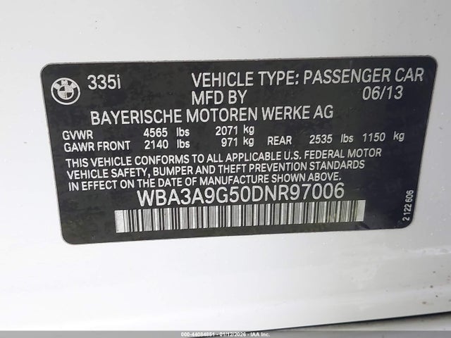 2013 Bmw 335i მანქანა იყიდება აუქციონზე, vin: WBA3A9G50DNR97006, აუქციონის ნომერი: 44084851