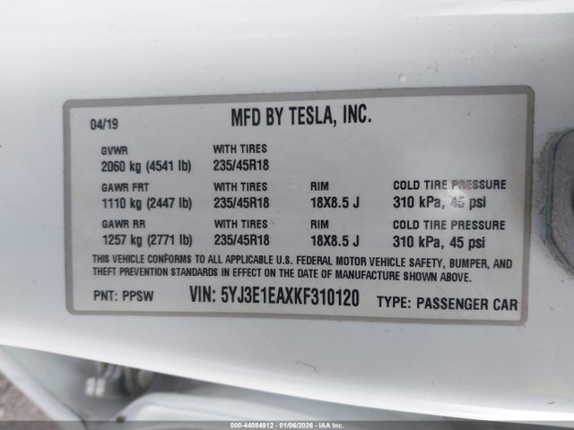 2019 TESLA MODEL 3 5YJ3E1EAXKF310120 Photo 8