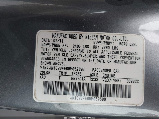 44084948 :رقم المزاد ، JN1CV6FE6BM952598 vin ، 2011 Infiniti G37 مزاد بيع
