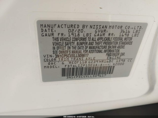 Aukcja sprzedaży 2020 Nissan Kicks Sv Xtronic Cvt, vin: 3N1CP5CVXLL509617, numer aukcji: 44085216