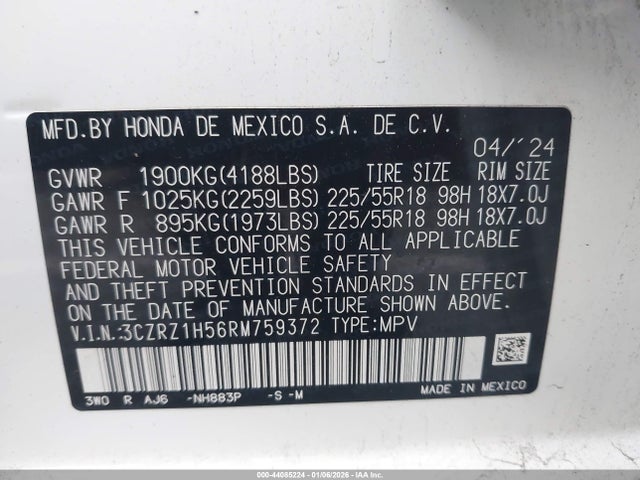 3CZRZ1H56RM759372 Honda Hr-v 2wd Sport W/o Bsi/sport