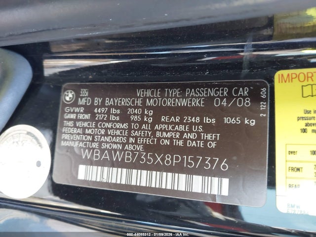 Aukcja sprzedaży 2008 Bmw 335i, vin: WBAWB735X8P157376, numer aukcji: 44085312
