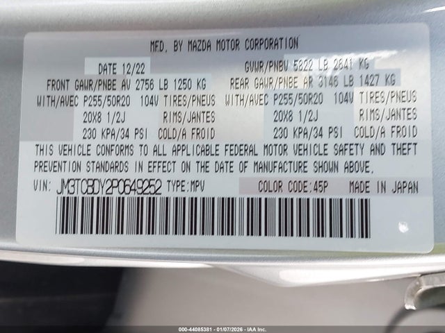 Aukcja sprzedaży 2023 Mazda Cx-9 Grand Touring, vin: JM3TCBDY2P0649252, numer aukcji: 44085381