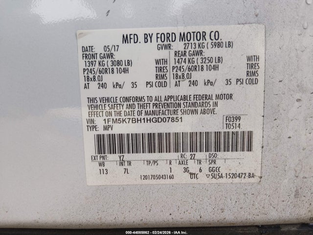 1FM5K7BH1HGD07851 Ford Explorer