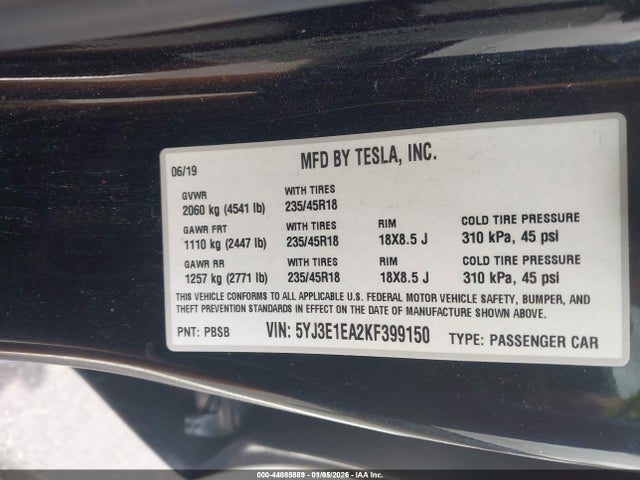 44085889 :رقم المزاد ، 5YJ3E1EA2KF399150 vin ، 2019 Tesla Model 3 Long Range/mid Range/standard Range/standard Range Plus مزاد بيع
