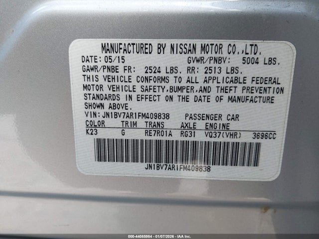 2015 Infiniti Q50 Premium მანქანა იყიდება აუქციონზე, vin: JN1BV7AR1FM409838, აუქციონის ნომერი: 44085984