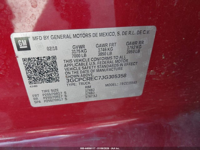 Aukcja sprzedaży 2018 Chevrolet Silverado 1500 1lt, vin: 3GCPCREC7JG305358, numer aukcji: 44086117