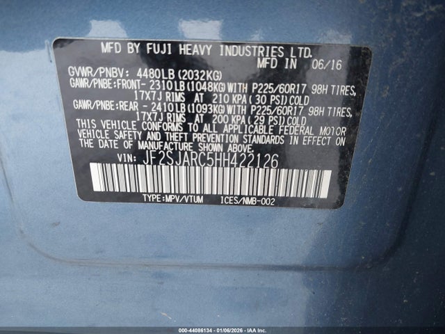 2017 Subaru Forester 2.5i Limited მანქანა იყიდება აუქციონზე, vin: JF2SJARC5HH422126, აუქციონის ნომერი: 44086134