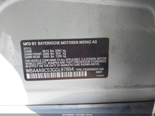 44086396 :رقم المزاد ، WBA4A9C53GGL87894 vin ، 2016 Bmw 428i Gran Coupe مزاد بيع