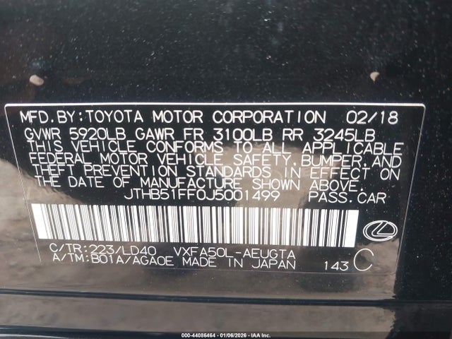 44086464 :رقم المزاد ، JTHB51FF0J5001499 vin ، 2018 Lexus Ls 500 مزاد بيع