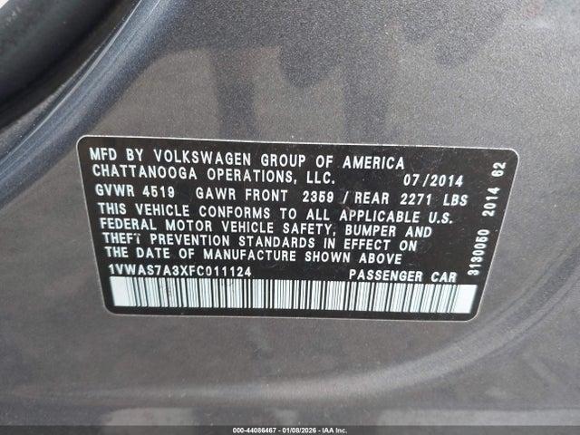 Продаж на аукціоні авто 2015 Volkswagen Passat 1.8t Wolfsburg Edition, vin: 1VWAS7A3XFC011124, номер лоту: 44086467