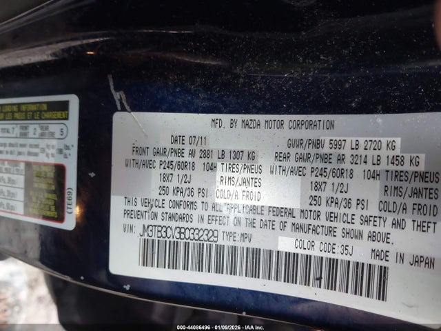 Aukcja sprzedaży 2011 Mazda Cx-9 Touring, vin: JM3TB3CV3B0332329, numer aukcji: 44086496