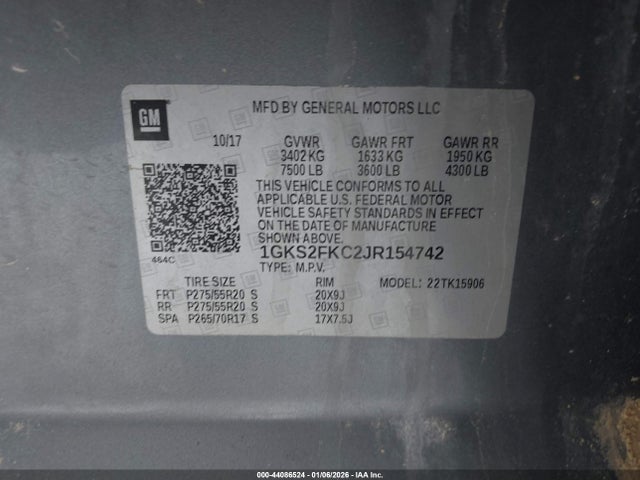 1GKS2FKC2JR154742 GMC Yukon Xl Sle