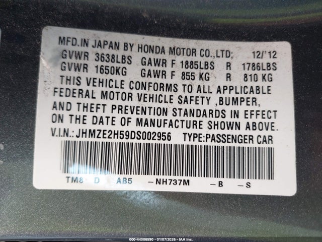 2013 Honda Insight Lx მანქანა იყიდება აუქციონზე, vin: JHMZE2H59DS002956, აუქციონის ნომერი: 44086590